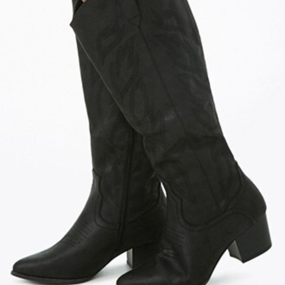 Embroidered faux leather boots